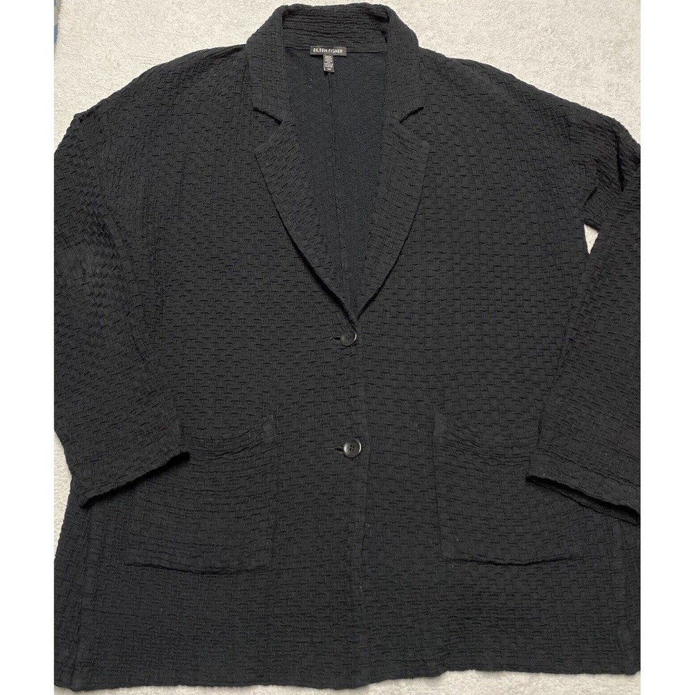 Eileen Fisher Jacket Small Black Textured Casual Blazer Oversize Tencel Button